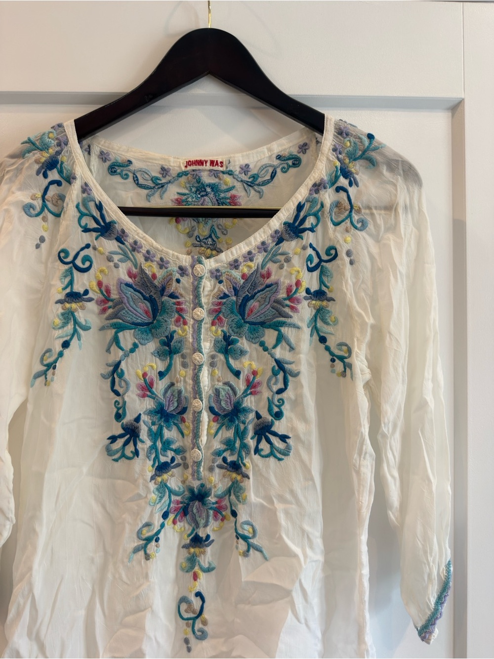 Johnny Was Cream Tunic with Blue and Teal Floral Embroidery - Picture 3 of 10